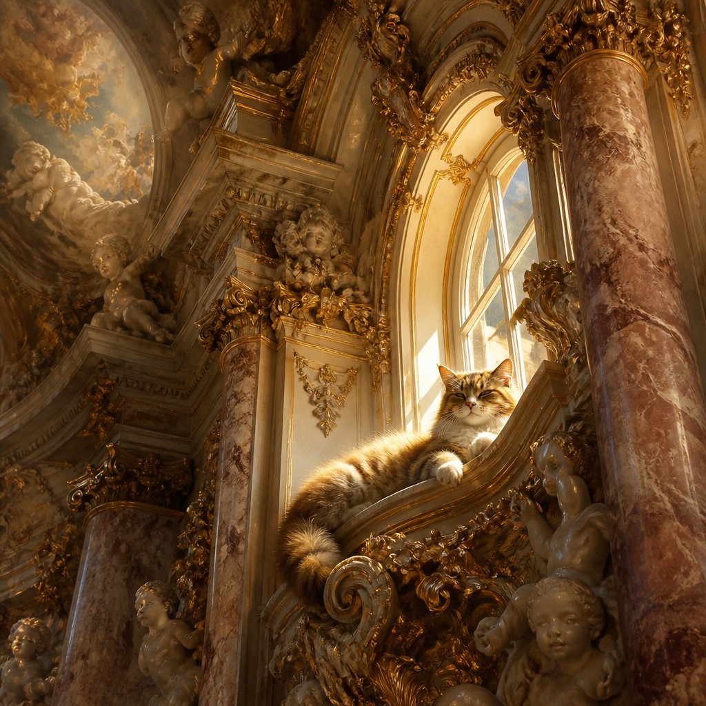 a cat lounging in a sunlit window — Baroque Architecture