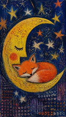 a sleeping baby fox curled on a crescent moon among soft stars, gentle and warm, no text