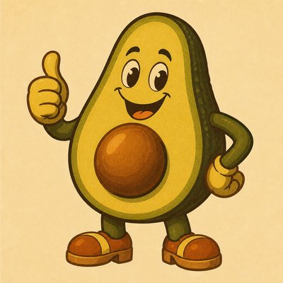a happy avocado character giving a thumbs up, bold readable design on a plain background, no text