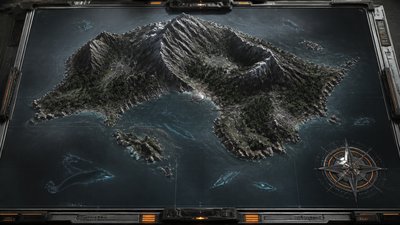 a map of an island realm with mountains, forests, a sheltered bay, sea monsters in the water and a compass rose, no text labels