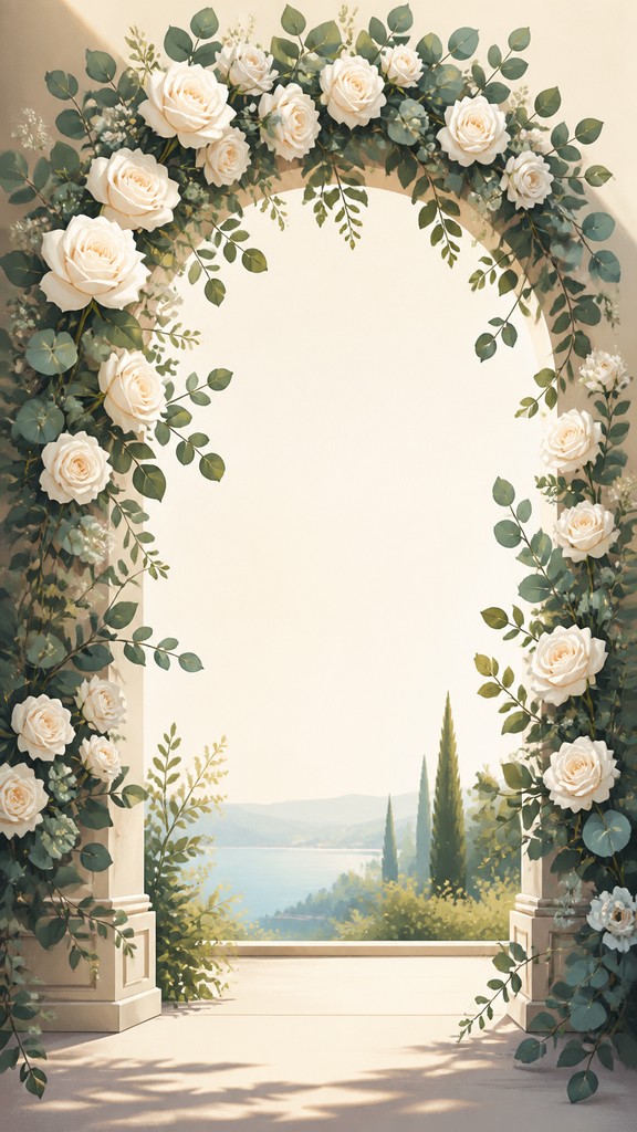 an arch of white roses and eucalyptus in soft morning light, elegant vertical composition with open space, no text