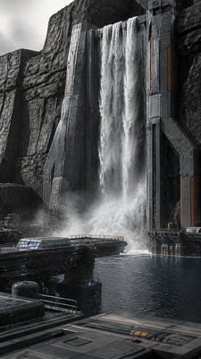 towering waterfall cascading down a cliff