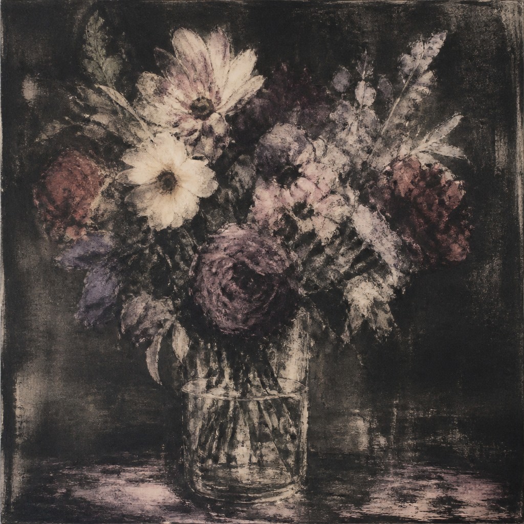 bouquet of flowers in a glass vase — Monotype Print Style