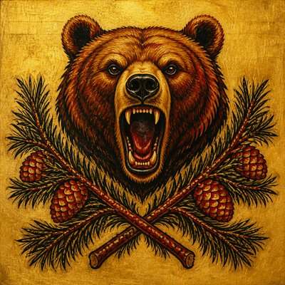 a roaring bear head above crossed pine branches, bold graphic composition on a plain background, no text