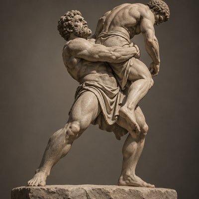 ancient greek wrestler grabbing opponent by the waist and lift him up