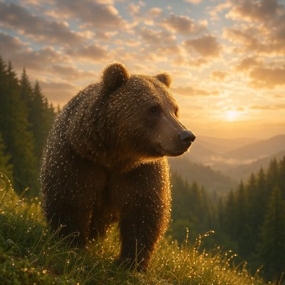 A grizzly bear on the edge of a forest on a mountain, overlooking a beautiful partly cloudy sky. Proverbs 17:12 KJV  Let a bear robbed of her whelps meet a man, rather than a fool in his folly.
