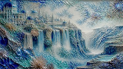 a cliffside city with waterfalls cascading into a misty canyon, wide establishing shot, no people, no text