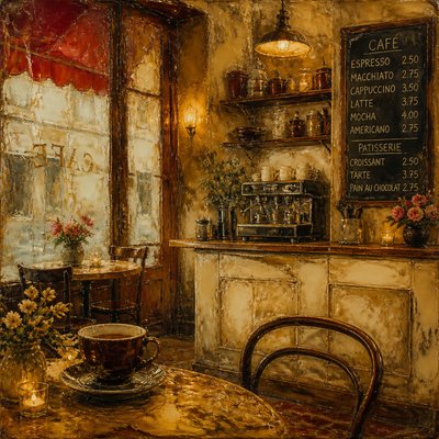 cozy cafe interior with warm lighting