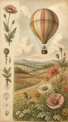 a hot air balloon drifting over rolling flower fields on a sunny day, cheerful, no text