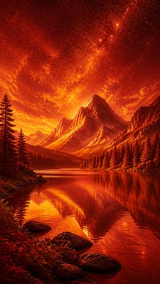 a tranquil mountain lake beneath a starry night sky, no people, no text