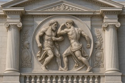 a statue of two men fighting in front of a building
