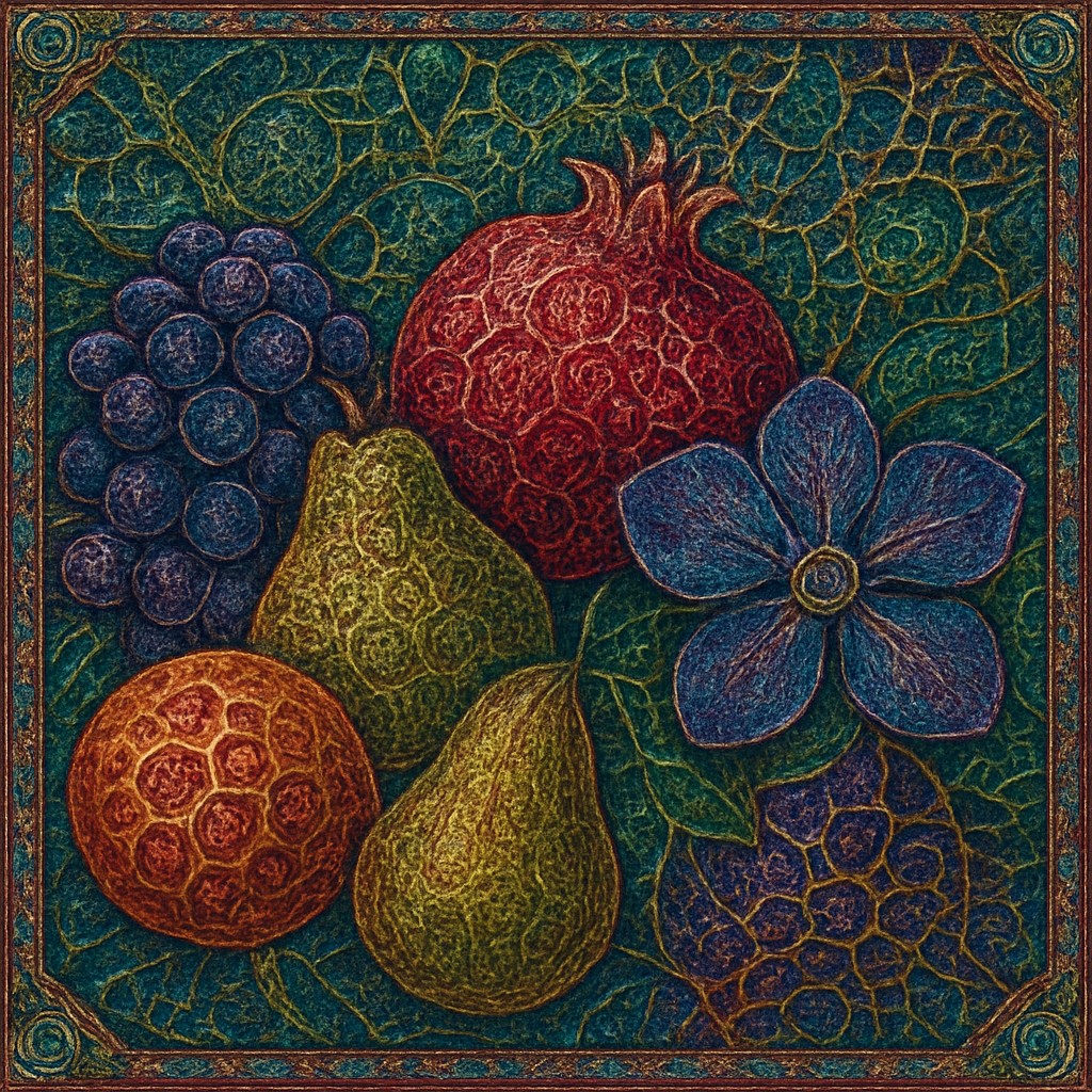 still life arrangement of fruits and flowers