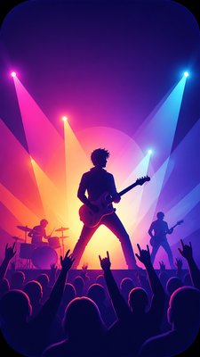 a live music scene with a glowing stage and silhouetted crowd, energetic vertical composition with open space at the top, no text