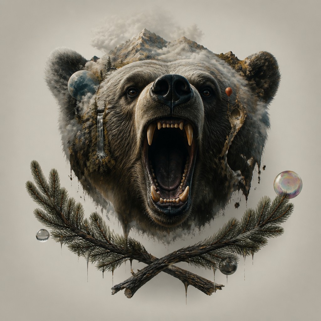 a roaring bear head above crossed pine branches, bold graphic composition on a plain background, no text