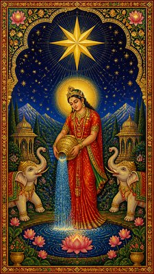 a robed figure pouring water beneath a large eight-pointed star in a night sky, symmetrical composition with an ornate decorative border, no text