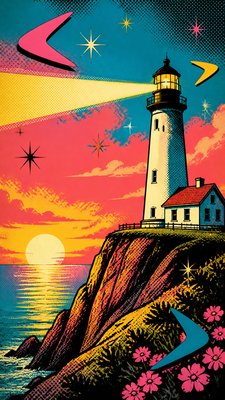 a lone lighthouse on a cliff at dusk under a dramatic sky, no text or lettering