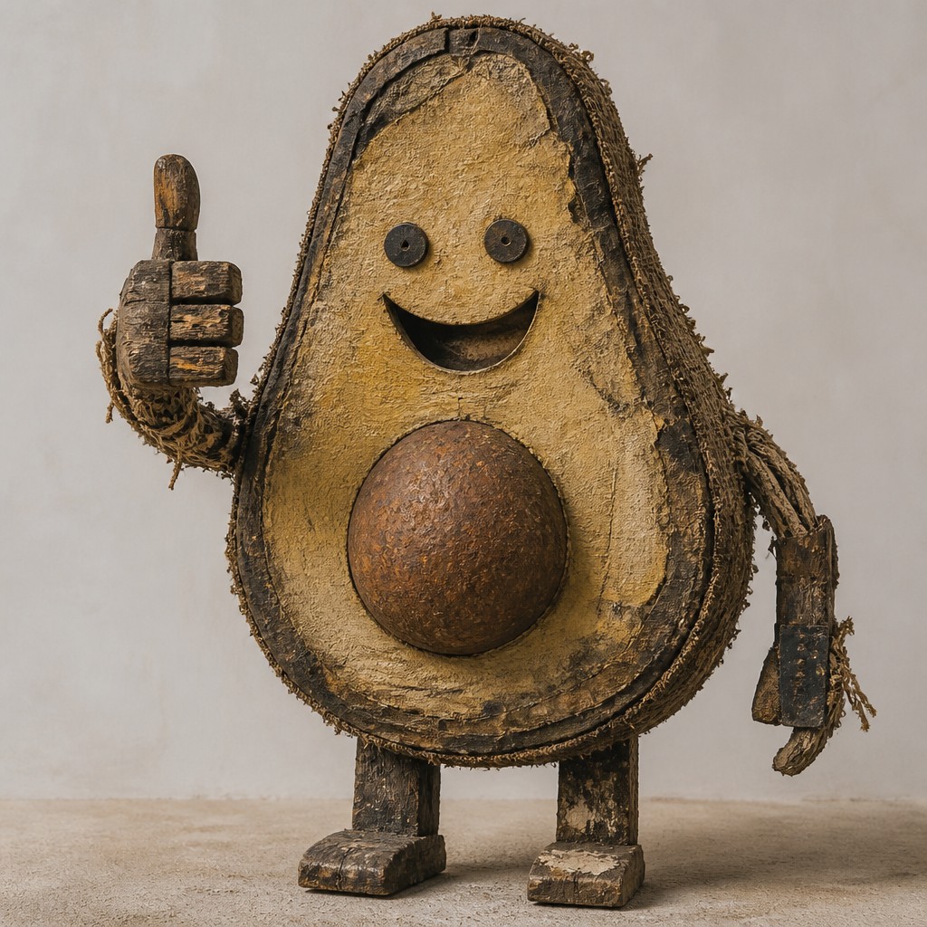 a happy avocado character giving a thumbs up, bold readable design on a plain background, no text