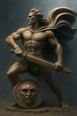 a statue of a man holding a sword and shield