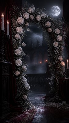 an arch of white roses and eucalyptus in soft morning light, elegant vertical composition with open space, no text