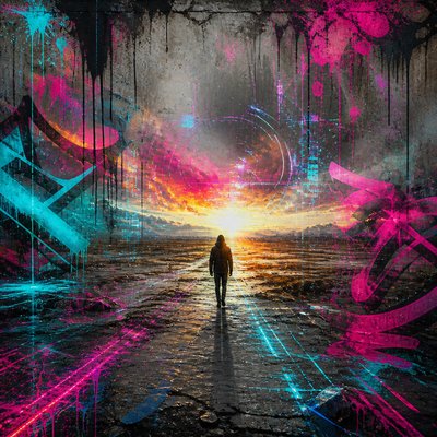 a solitary figure walking toward a glowing horizon across an empty plain, moody atmosphere, no text or lettering