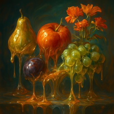 still life arrangement of fruits and flowers