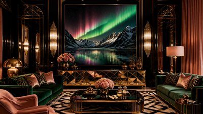 a flowing aurora over snowy peaks, wide sweeping composition, no people, no text