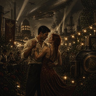 an original couple dancing under string lights in a garden at dusk: a man with short black hair in a linen shirt and a woman with braided red hair in a summer dress