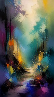 a mysterious forest path with fireflies and drifting mist, atmospheric vertical composition with open space at the top, no text