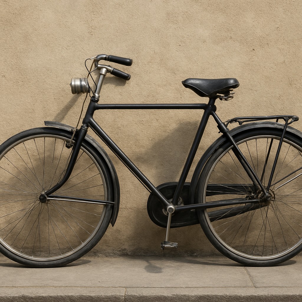 bicyle resting against a wall