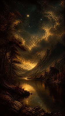 a tranquil mountain lake beneath a starry night sky, no people, no text