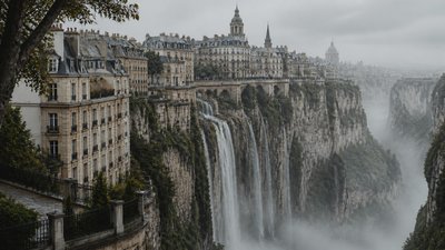 a cliffside city with waterfalls cascading into a misty canyon, wide establishing shot, no people, no text