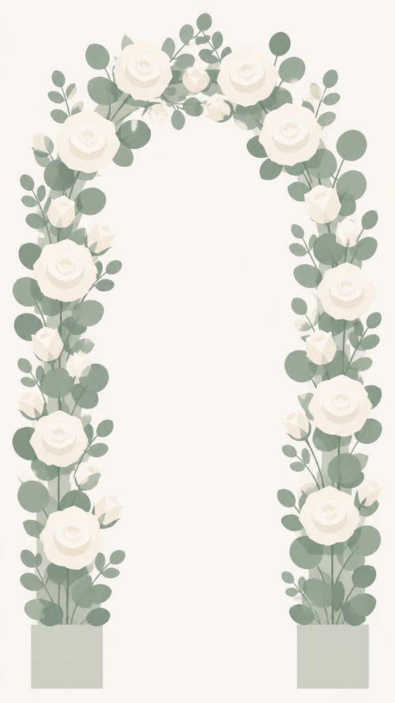 an arch of white roses and eucalyptus in soft morning light, elegant vertical composition with open space, no text