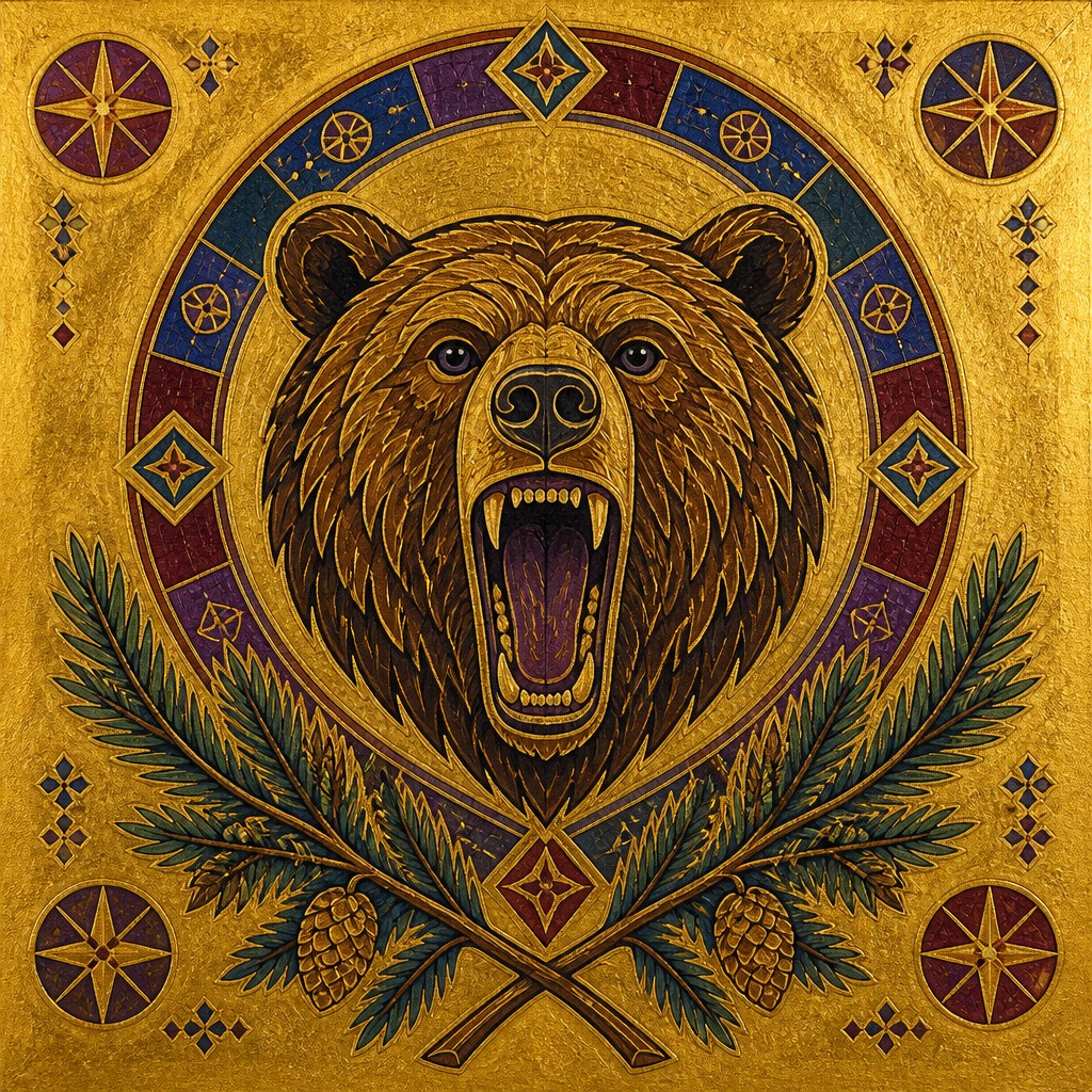 a roaring bear head above crossed pine branches, bold graphic composition on a plain background, no text