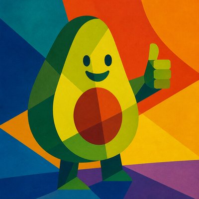 a happy avocado character giving a thumbs up, bold readable design on a plain background, no text