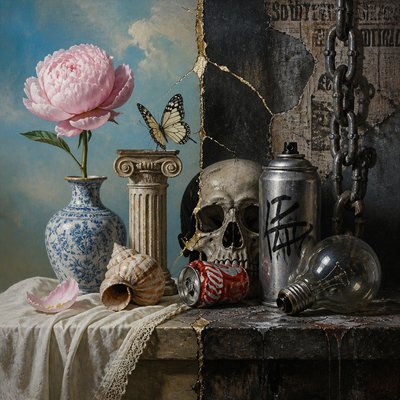 still life with everyday objects — Bold Juxtaposition Art Style