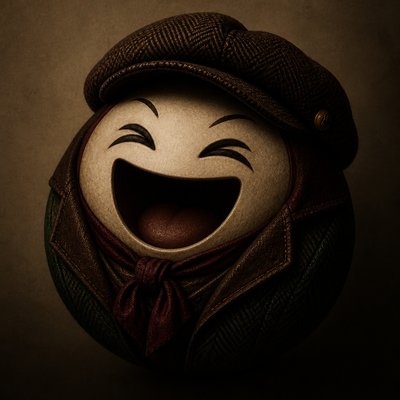 an exaggerated laughing face of an original round mascot character, bold and readable at small size, plain background, no text