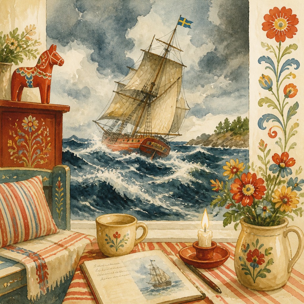 sailing ship on a stormy sea — Swedish Art Style