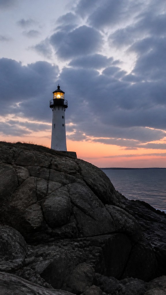 a lone lighthouse on a cliff at dusk under a dramatic sky, no text or lettering