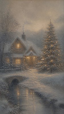 a snow-covered cottage with warm glowing windows beside a decorated pine tree, gentle snowfall, no text