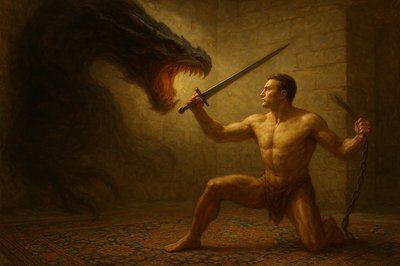 a painting of a man holding a sword in front of a dragon