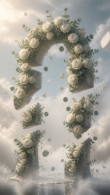 an arch of white roses and eucalyptus in soft morning light, elegant vertical composition with open space, no text