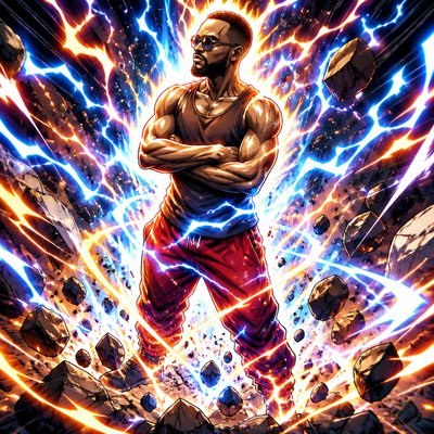 a man with his arms crossed standing in front of a lightning background