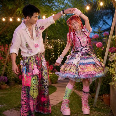 an original couple dancing under string lights in a garden at dusk: a man with short black hair in a linen shirt and a woman with braided red hair in a summer dress