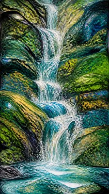 a cascading waterfall in a lush green gorge, no people