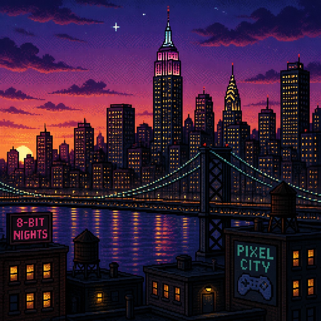 a city skyline at dusk with glowing windows