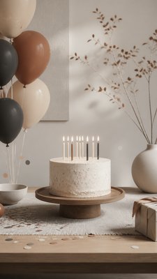 a birthday cake with lit candles surrounded by balloons and confetti, festive vertical composition, no text