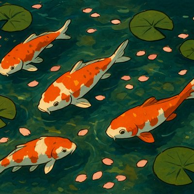 A koi pond seen from above, orange and white koi fish swimming among lily pads, clear water with subtle ripples, fallen cherry blossom petals floating on the surface, dappled sunlight