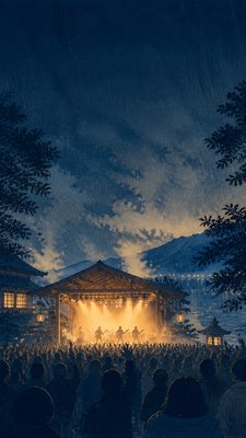 a live music scene with a glowing stage and silhouetted crowd, energetic vertical composition with open space at the top, no text