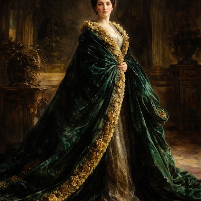John Singer Sargent Oil Painting Style, Grand Manner Portraiture, Rich Impasto Brushwork. A full-length, elegant portrait of a society figure standing in a dramatic pose, wrapped in a voluminous, heavy emerald green velvet cloak.

The Fabric & Brushwork: The velvet is rendered with deep, saturated greens and near-black shadows, using sweeping, visible brushstrokes to convey weight and a luxurious, soft sheen where the light hits the folds. The ornate gold embroidery and bullion trim along the edges and collar are painted with thick, confident dashes of yellow ochre, burnt sienna, and bright white impasto that make the metal appear to sparkle and catch the light.

The Atmosphere: The lighting is dramatic and directional, coming from the upper left, highlighting the texture of the cloak and the gold. The background is a dark, atmospheric, loosely painted interior of a Gilded Age mansion, with indistinct antique furniture and deep shadows, ensuring all focus is on the figure and the magnificent garment. The overall mood is opulent and mysterious.