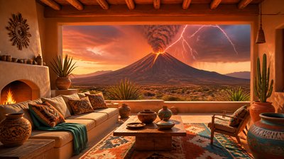 an erupting volcano with lightning strikes, dramatic wide composition, no text